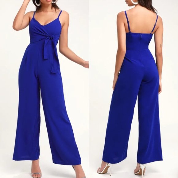 Lulus Royal Blue Tie-Front Wide Leg Jumpsuit - Picture 2 of 6